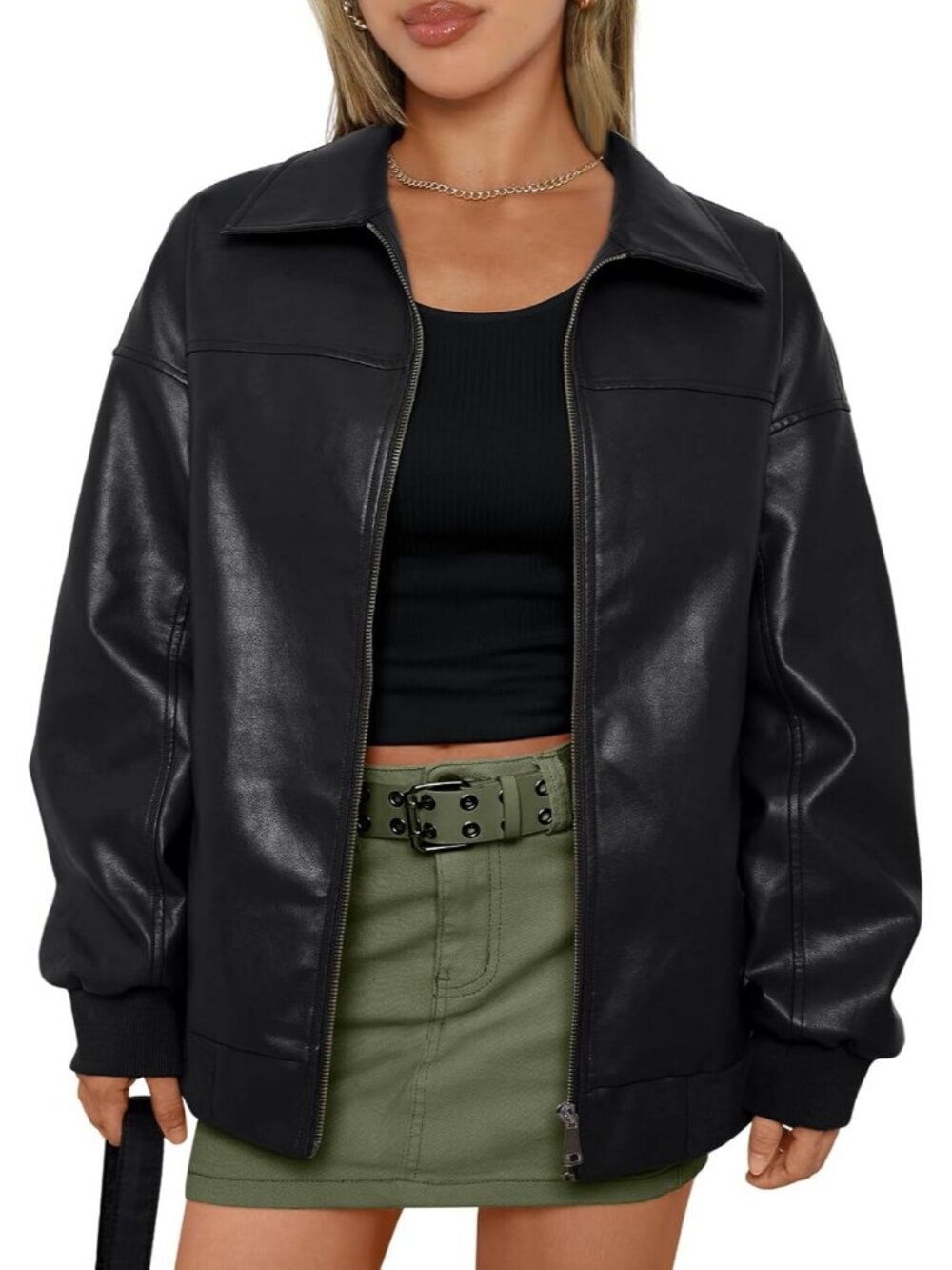 Women's Black Polyester Oversized Zip Up Trendy Fashion Winter Leather Jacket